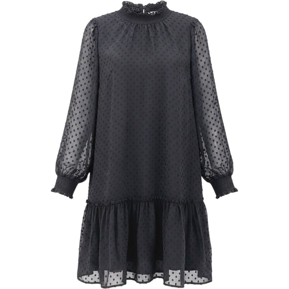 J.Crew Black Swiss Dot Smocked Neck Long Sleeve Mini Dress S Boho Chic Party NWT